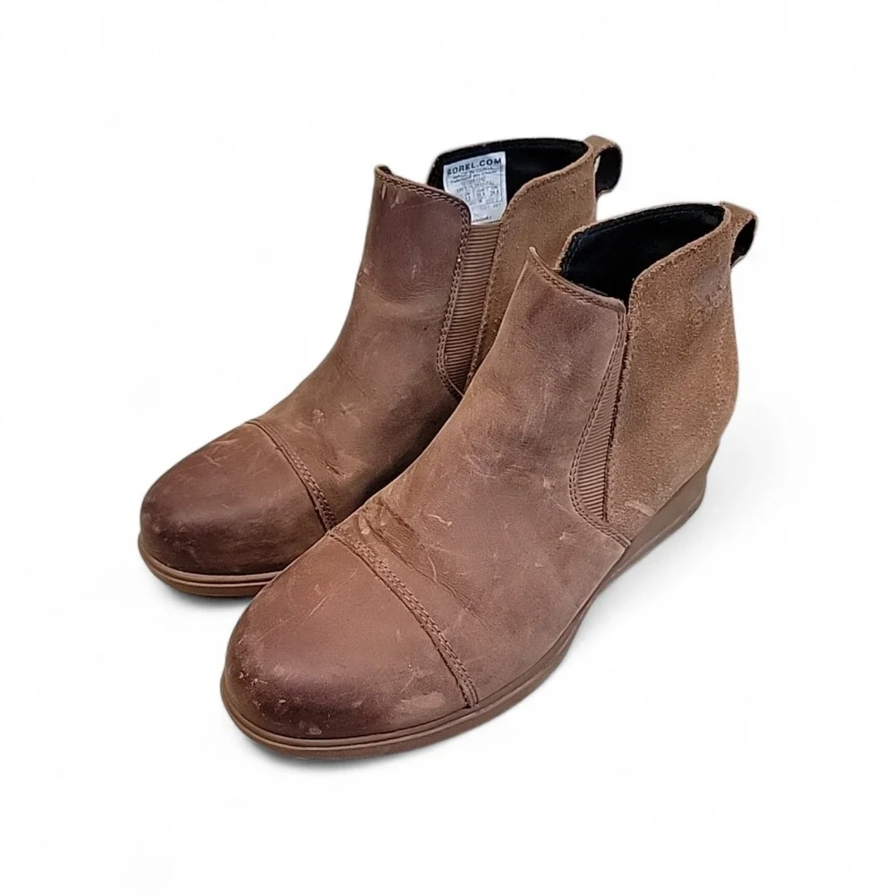 SOREL EVIE PULL ON ANKLE WOMEN BOOTIE SIZE 7.5 TAN DISTRESSED LEATHER